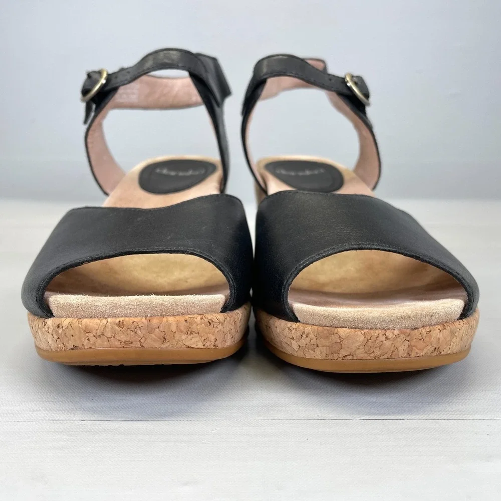 Dansko Charlotte Wedge Sandals Womens Size 39 US 8.5 Black Leather Buckle Shoes